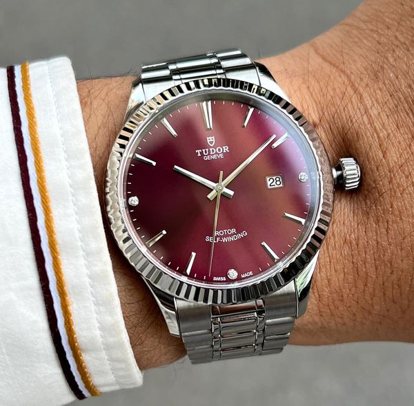 Tudor Style Automatic Burgundy Red Dial Silver Steel Strap Watch for Men - M12710-0015 Buy Now By Tudor
