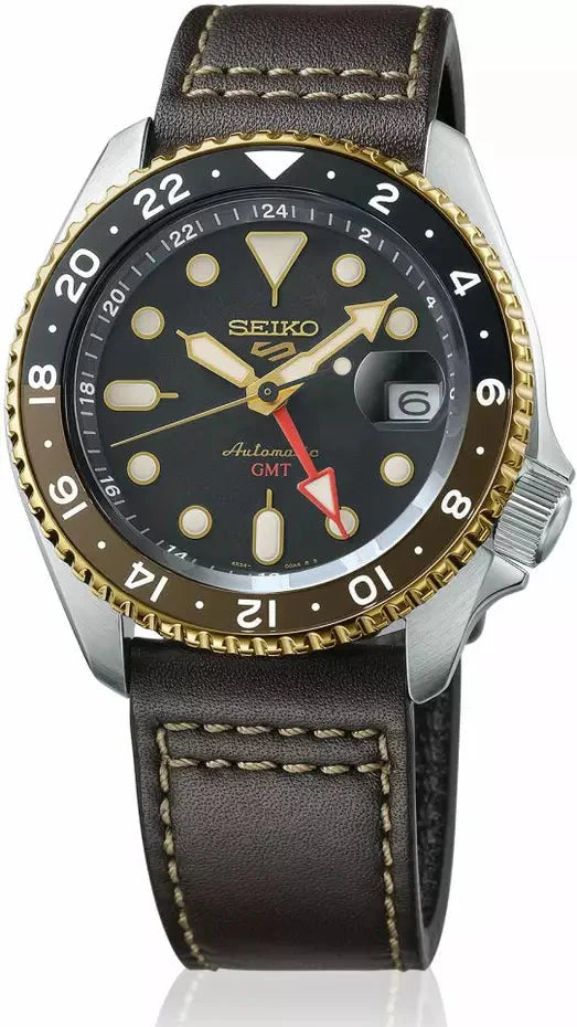 Seiko 5 Sports SKX GMT Automatic Mocha Black Dial Brown Leather Strap Watch For Men - SSK036K1 Buy Now By Seiko