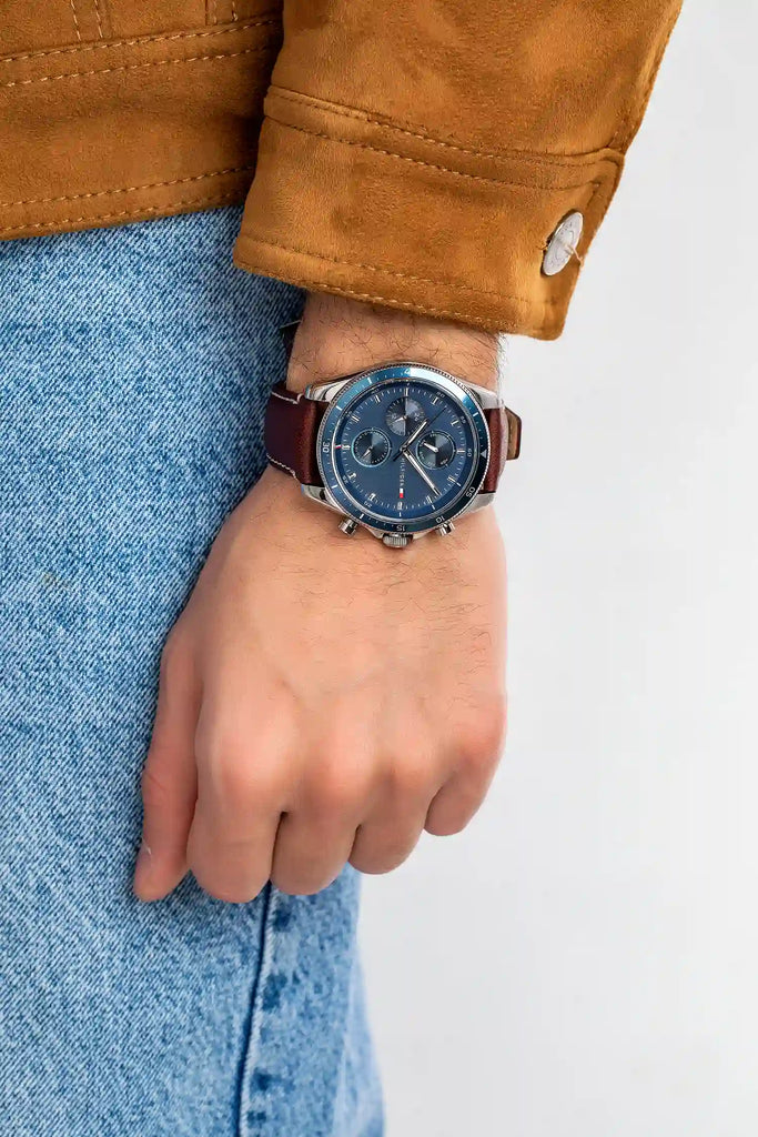 Tommy Hilfiger Parker Chronograph Blue Dial Brown Leather Strap Watch For Men - 1791837 Buy Now By Tommy Hilfiger