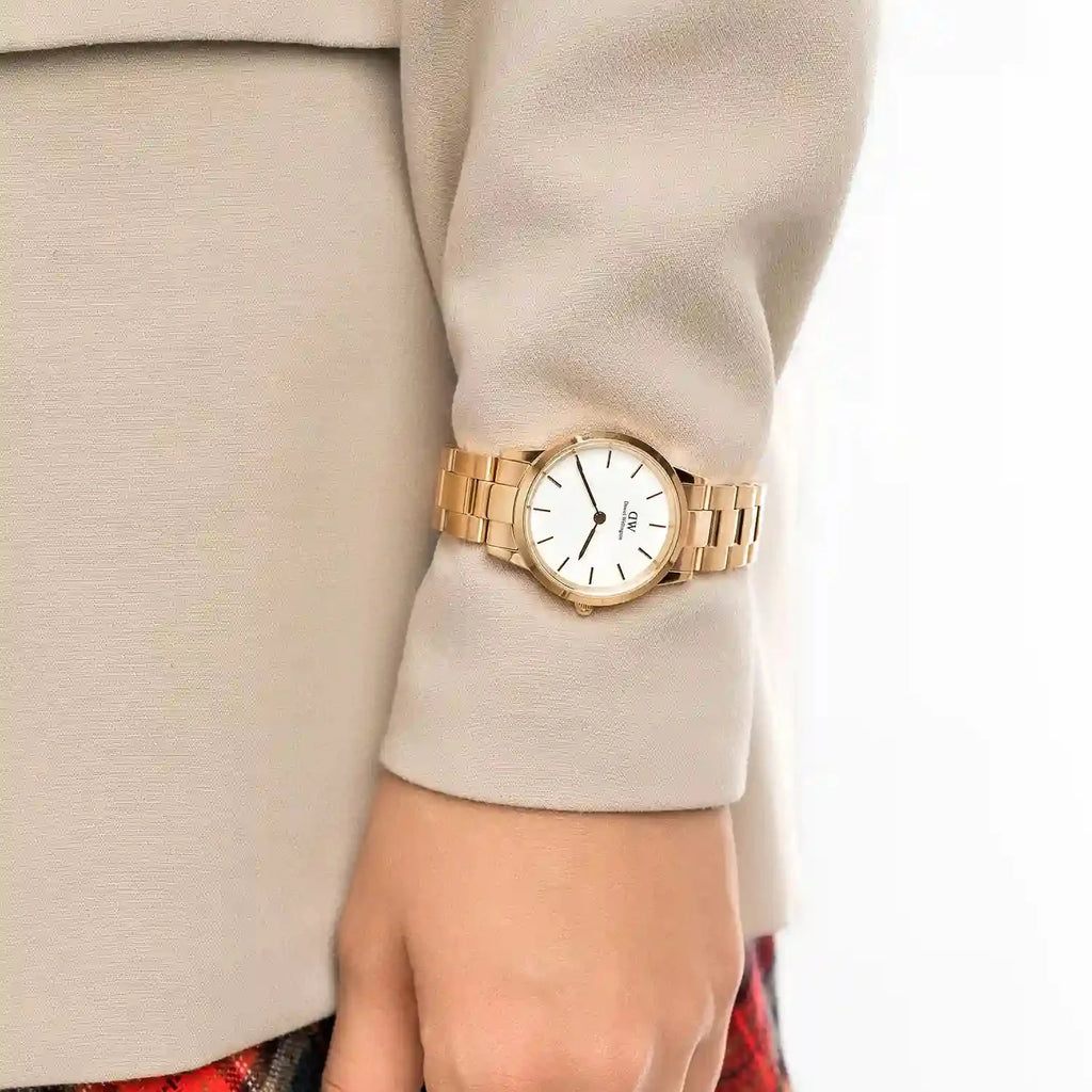 Daniel Wellington Iconic Link White Dial Rose Gold Steel Strap Watch For Women - DW00100211