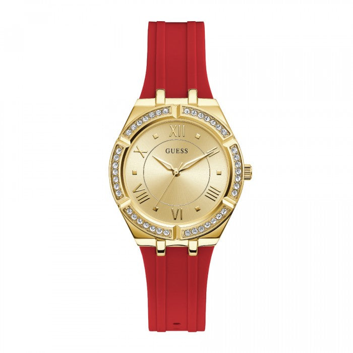 Guess Cosmo Diamonds Gold Dial Red Rubber Strap Watch for Women - GW0034L6 Buy Now By Guess