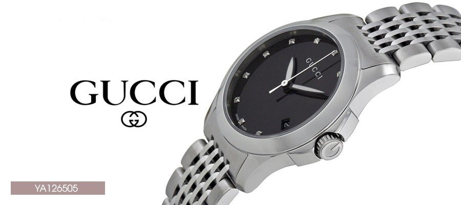 Gucci G Timeless Diamonds Mother of Pearl Black Dial Silver Steel Strap Watch For Women - YA126505 Buy Now By Gucci