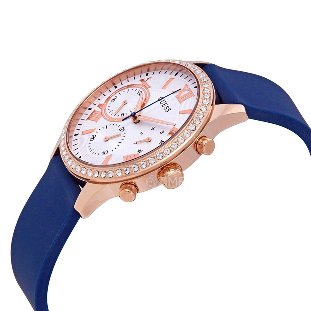 Guess Solar White Rose Gold Dial Blue Rubber Strap Watch For Women - W1135L3 Buy Now By Guess