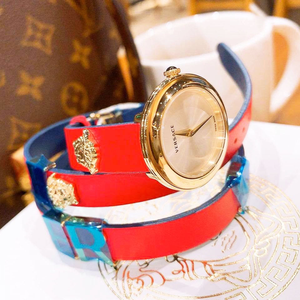 Versace V-Flare Quartz Silver Dial Red Leather Strap Watch for Women - VEBN00418 Buy Now By Versace