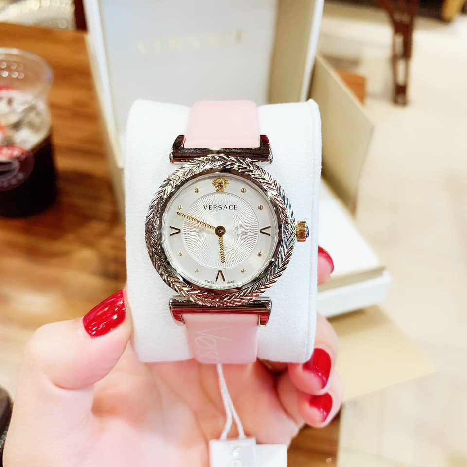 Versace V-Motif Silver Dial Pink Leather Strap Watch for Women - VERE00118 Buy Now By Versace
