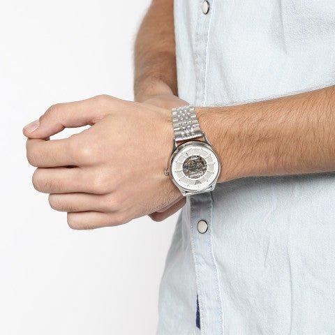 Emporio Armani Meccanico Skeleton Silver Dial Silver Steel Strap Watch For Men - AR1945 Buy Now By Emporio Armani
