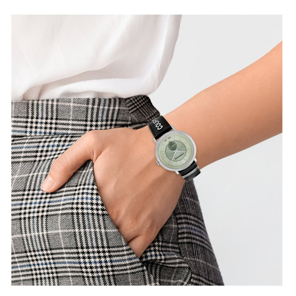 Versace V-Circle Black Manifesto Courage Quartz Silver Dial Black Leather Strap Watch for Men - VBQ080017 Buy Now By Versace