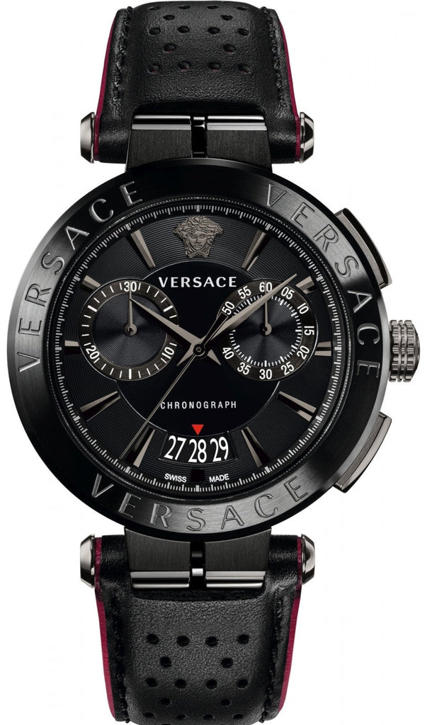 Versace V-Racer Aion Chronograph Black Dial Black Leather Strap Watch for Men - VBR030017 Buy Now By Versace