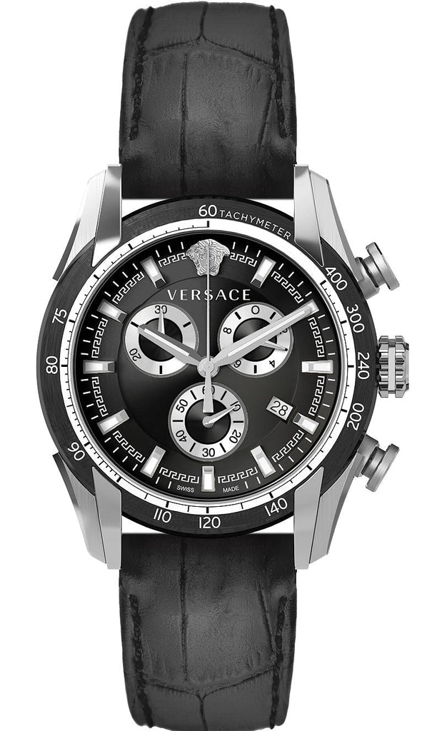 Versace V Ray Chronograph Quartz Black Dial Black Leather Strap Watch For Men - VE2I00121 Buy Now By Versace