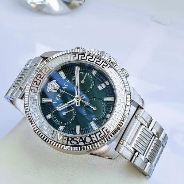 Versace Greca Action Chronograph Quartz Green Dial Silver Steel Strap Watch for Men - VE3J00422 Buy Now By Versace