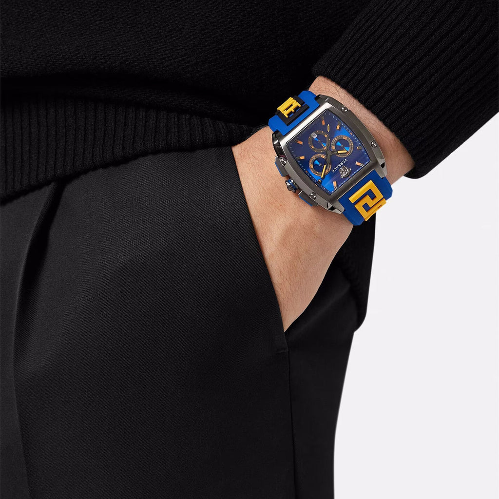 Versace Iconic Dominus Chronograph Blue Dial Blue Rubber Strap Watch For Men - VE6H00323 Buy Now By Versace
