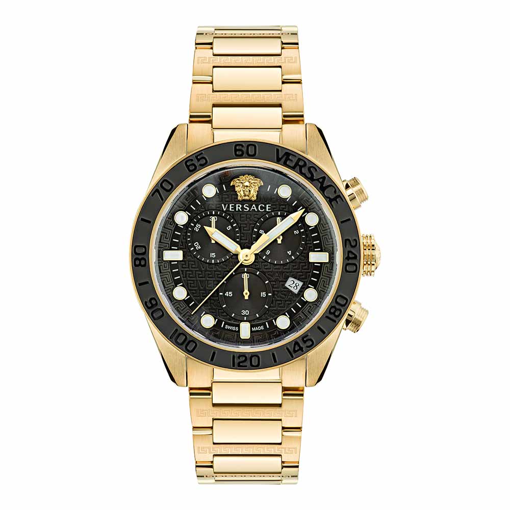 Versace Greca Dome Chronograph Black Dial Gold Steel Strap Watch for Men - VE6K00523 Buy Now By Versace