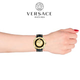 Versace Shadov Quartz Gold Dial Black Leather Strap Watch for Women - VEBM00318 Buy Now By Versace
