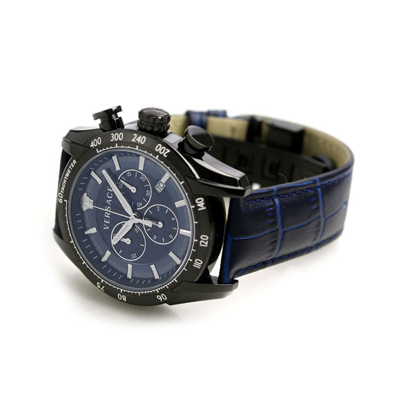 Versace V-Ray Chronograph Quartz Blue Dial Black Leather Strap Watch For Men - VEDB00418 Buy Now By Versace