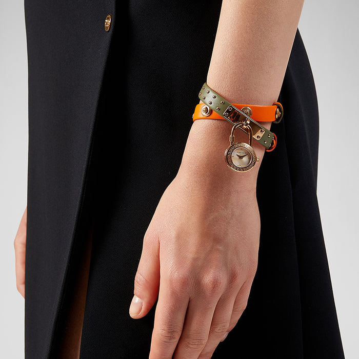 Versace Medusa Lock Icon Quartz Gold Dial Pink & Blue Leather Strap Watch For Women - VEDW00219 Buy Now By Versace