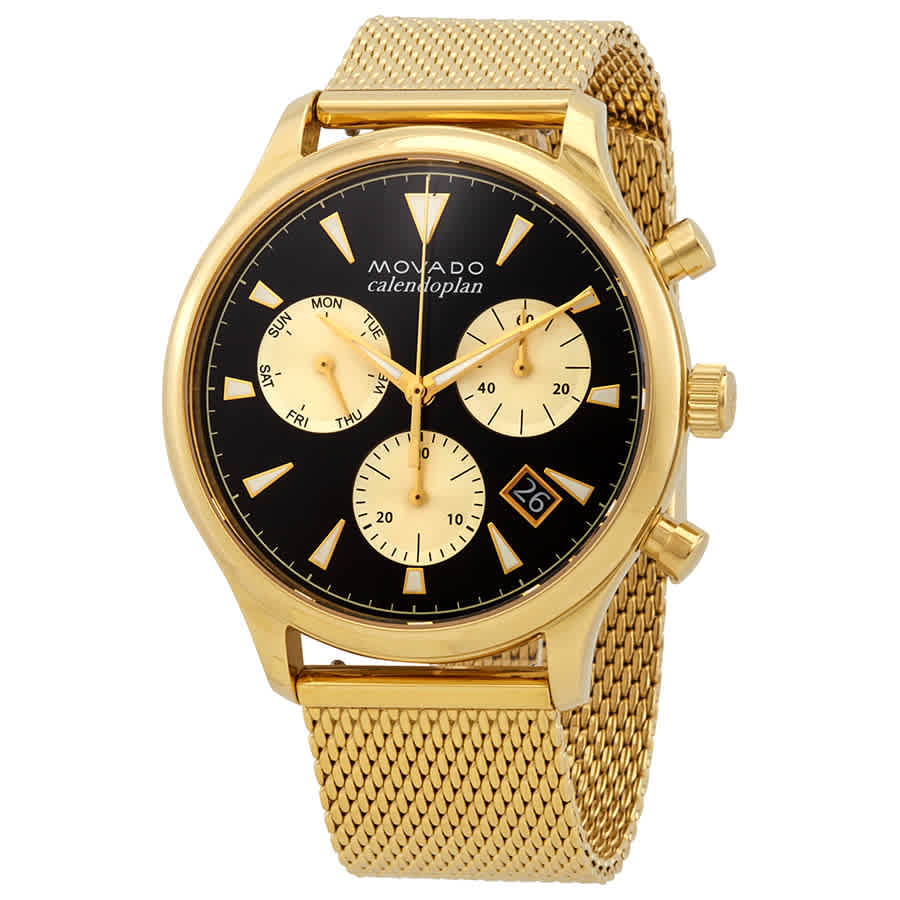 Movado Heritage Calendoplan Chronograph Black Dial Gold Mesh Strap Watch for Men - 3650098 Buy Now By Movado