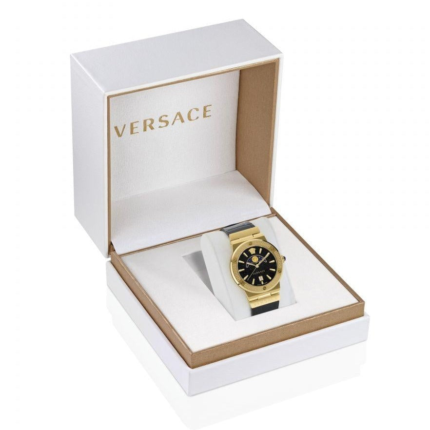 Versace Greca Moonphase Analog Black Dial Black Leather Strap Watch For Men - VE7G00123 Buy Now By Versace