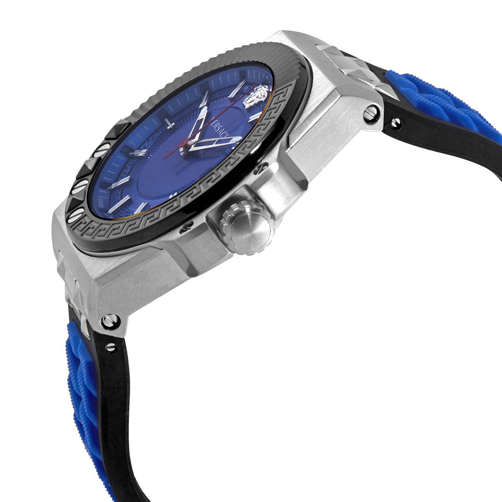 Versace Chain Reaction Quartz Blue Dial Blue & Black Leather Strap Watch for Men - VEDY00119 Buy Now By Versace