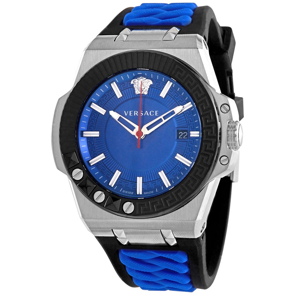 Versace Chain Reaction Quartz Blue Dial Blue & Black Leather Strap Watch for Men - VEDY00119 Buy Now By Versace