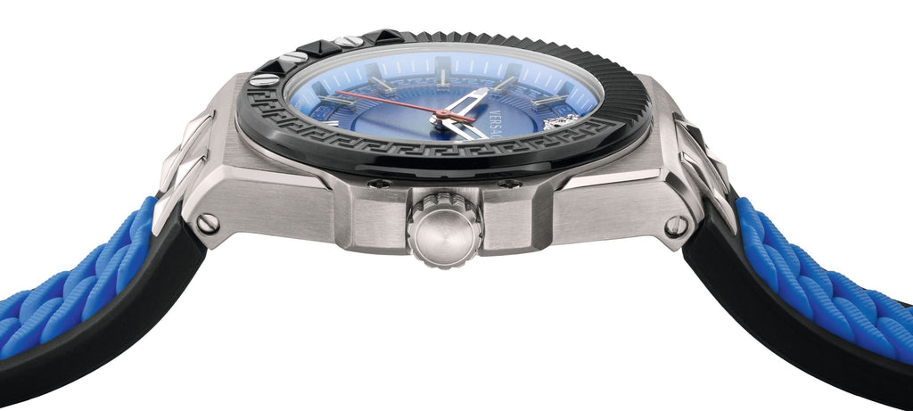 Versace Chain Reaction Quartz Blue Dial Blue & Black Leather Strap Watch for Men - VEDY00119 Buy Now By Versace