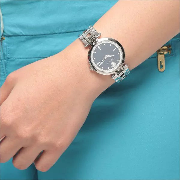 Versace Crystal Gleam Guilloche Black Dial Silver Steel Strap Watch for Women - VAN030016 Buy Now By Versace