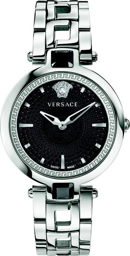 Versace Crystal Gleam Guilloche Black Dial Silver Steel Strap Watch for Women - VAN030016 Buy Now By Versace