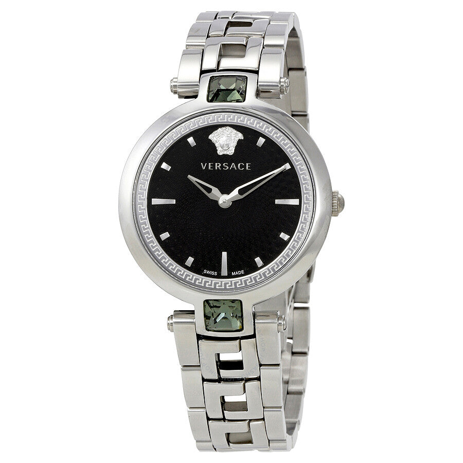 Versace Crystal Gleam Guilloche Black Dial Silver Steel Strap Watch for Women - VAN030016 Buy Now By Versace