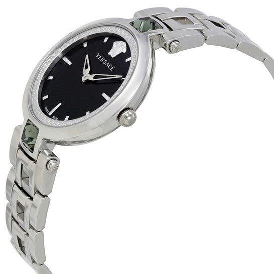 Versace Crystal Gleam Guilloche Black Dial Silver Steel Strap Watch for Women - VAN030016 Buy Now By Versace