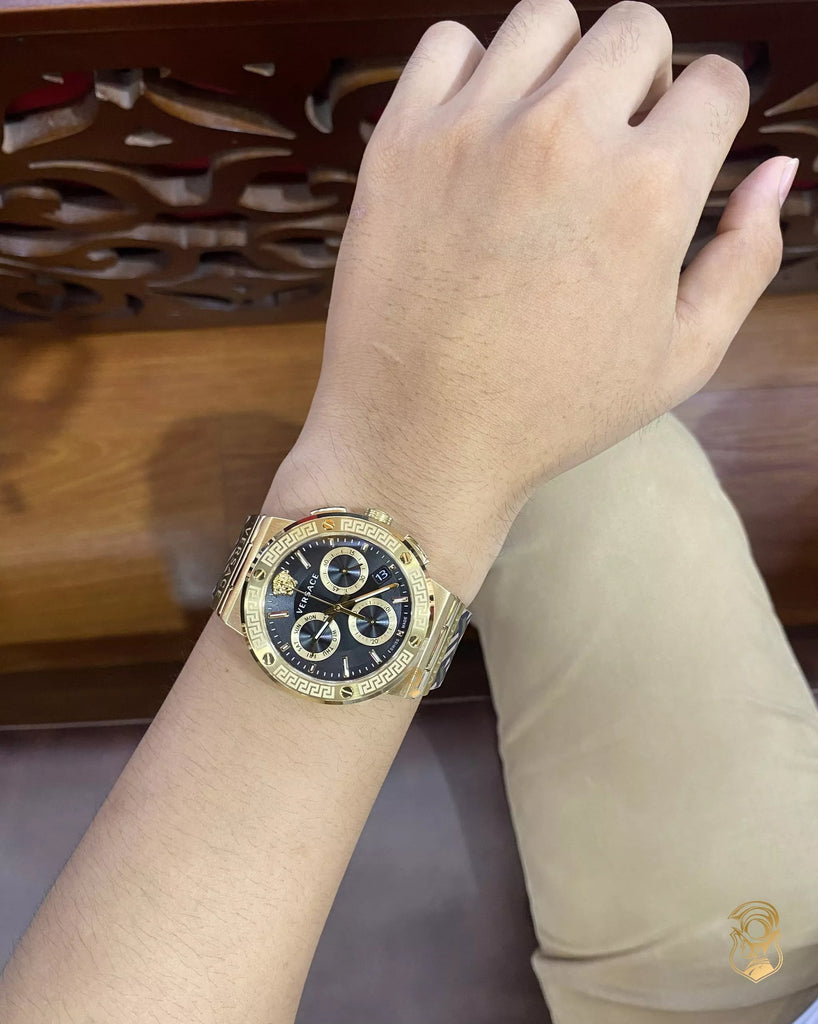 Versace Greca Chronograph Black Dial Brown Leather Strap Watch For Men - VEZ900621 Buy Now By Versace