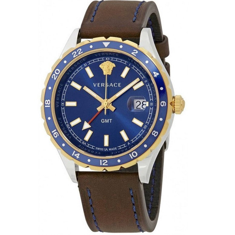 Versace Hellenyium GMT Blue Dial Brown Leather Strap Watch for Men - V11080017 Buy Now By Versace