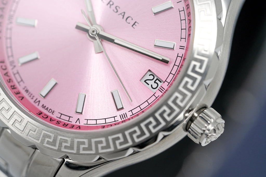 Versace Hellenyium Pink Dial Silver Steel Strap Watch for Women - V12010015 Buy Now By Versace