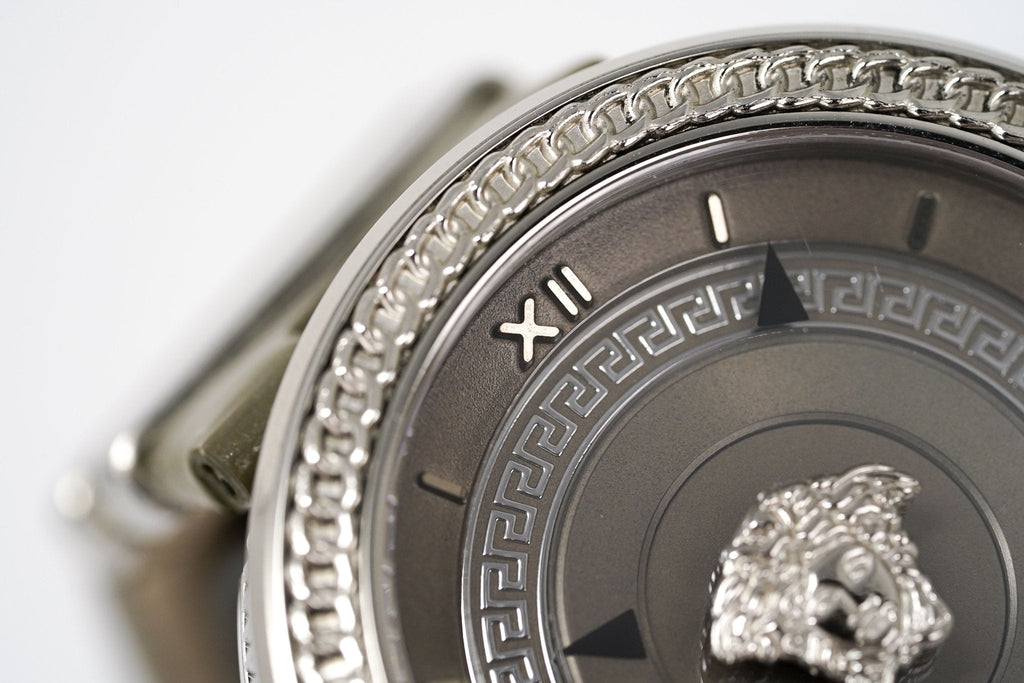 Versace V Metal Icon Silver Dial Silver & Grey Strap Watch for Women - VLC120016 Buy Now By Versace
