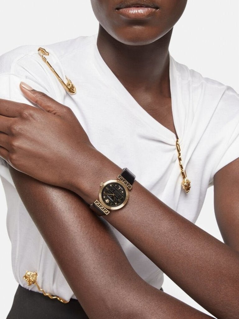 Versace Greca Meander Black Dial Black Leather Strap Watch for Women - VELW00420 Buy Now By Versace