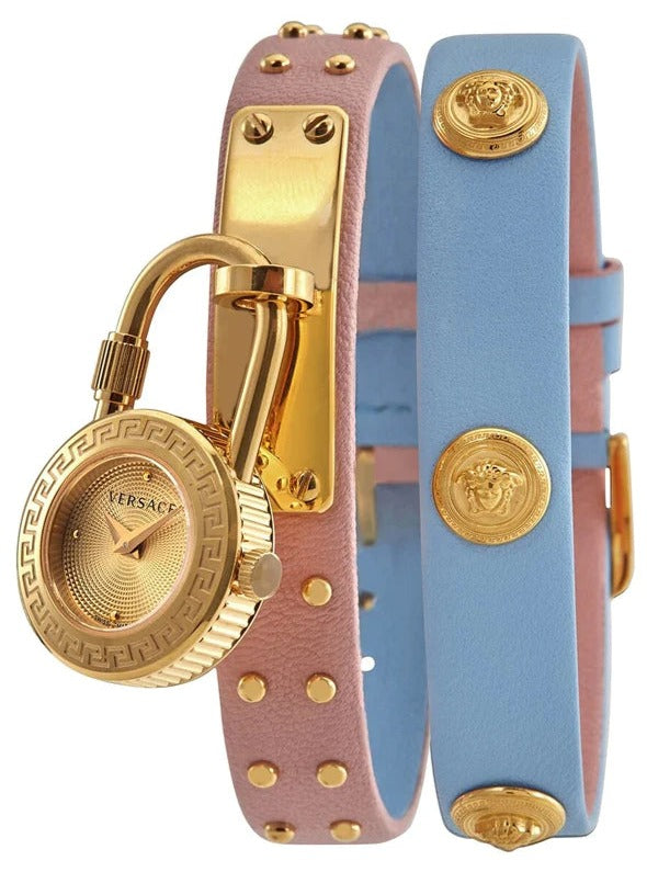 Versace Medusa Lock Icon Quartz Gold Dial Pink & Blue Leather Strap Watch For Women - VEDW00219 Buy Now By Versace