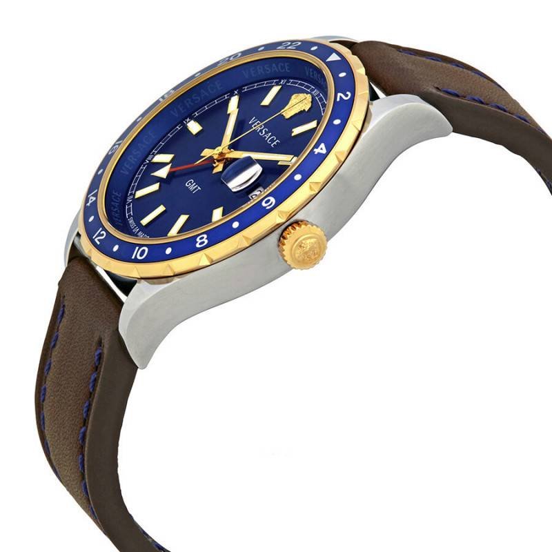 Versace Hellenyium GMT Blue Dial Brown Leather Strap Watch for Men - V11080017 Buy Now By Versace