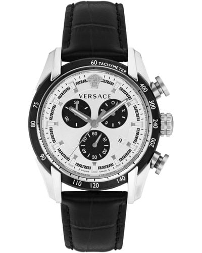 Versace V-Ray Quartz Silver Dial Black Leather Strap Watch for Men - VDB010014 Buy Now By Versace