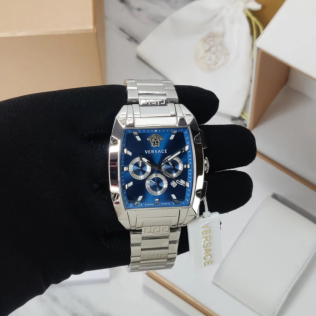Versace Dominus Chronograph Blue Dial Silver Steel Strap Watch For Men - VE6H00423 Buy Now By Versace