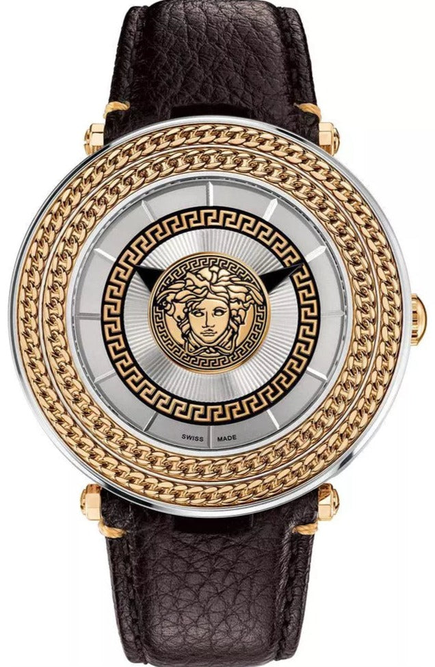 Versace V Metal Icon Quartz Silver Dial Brown Leather Strap Watch For Men - VQL010015 Buy Now By Versace