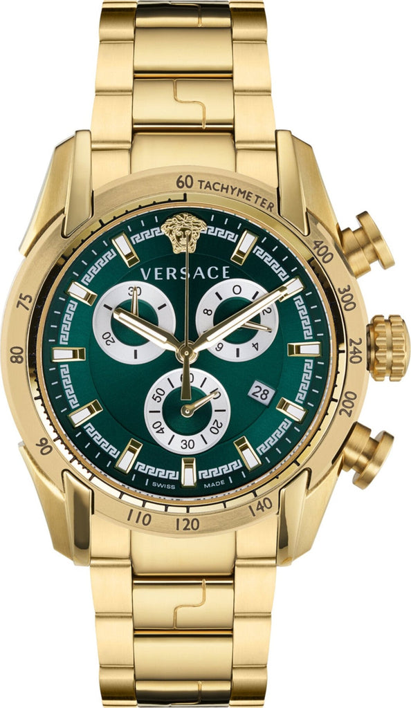 Versace V-Ray Chronograph Quartz Green Dial Gold Steel Strap Watch For Men - VE2I00621 Buy Now By Versace
