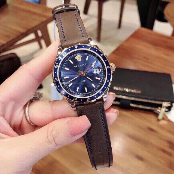 Versace Hellenyium GMT Blue Dial Brown Leather Strap Watch for Men - V11080017 Buy Now By Versace