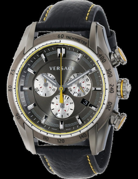 Versace V Ray Chronograph Grey Dial Black Leather Strap Watch for Men - VDB020014 Buy Now By Versace