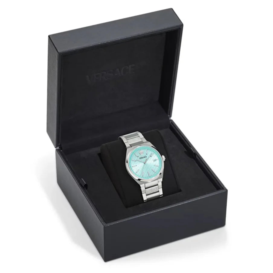 Versace V-Auria Quartz Turquoise Dial Silver Steel Strap Watch for Women - VE0F00225 Buy Now By Versace