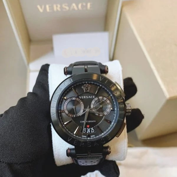 Versace V-Racer Aion Chronograph Black Dial Black Leather Strap Watch for Men - VBR030017 Buy Now By Versace