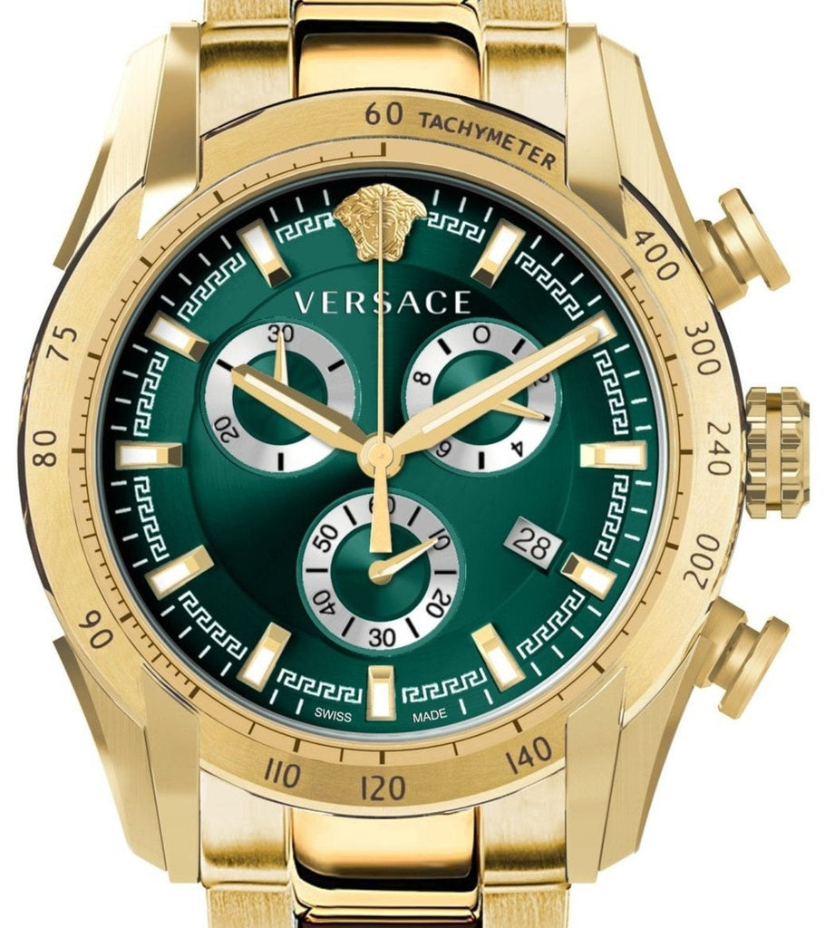 Versace V-Ray Chronograph Quartz Green Dial Gold Steel Strap Watch For Men - VE2I00621 Buy Now By Versace
