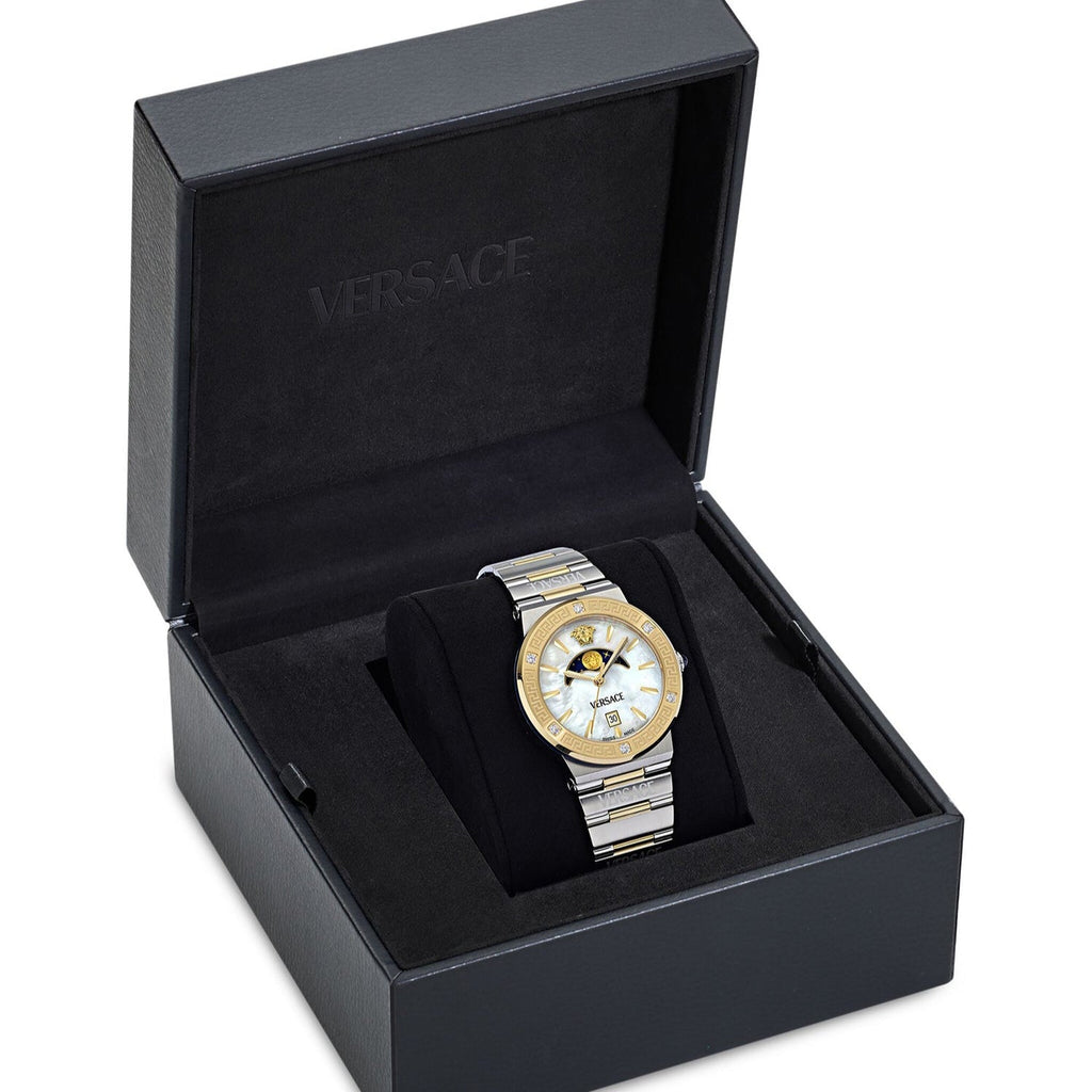 Versace Greca Logo Moonphase Mother of Pearl Dial Two Tone Steel Strap Watch for Women - VE7G00524 Buy Now By Versace