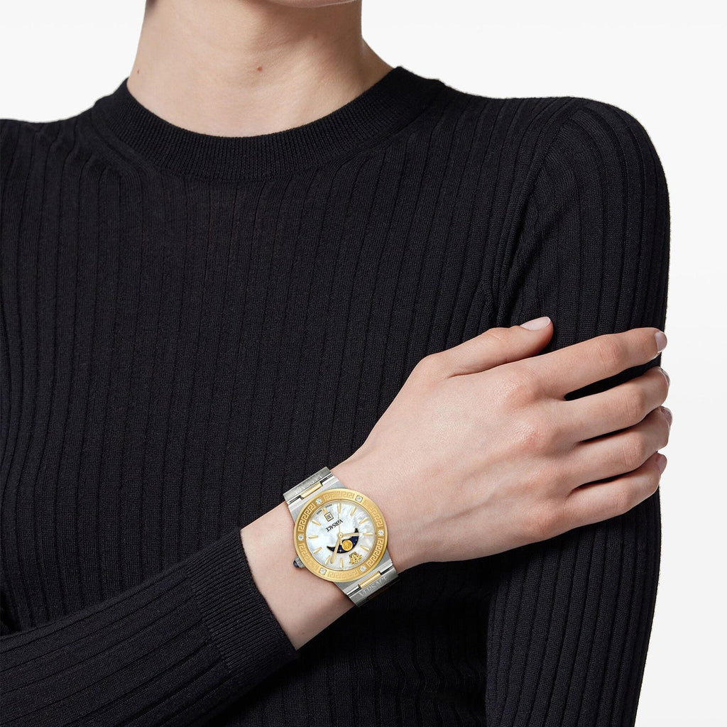 Versace Greca Logo Moonphase Mother of Pearl Dial Two Tone Steel Strap Watch for Women - VE7G00524 Buy Now By Versace