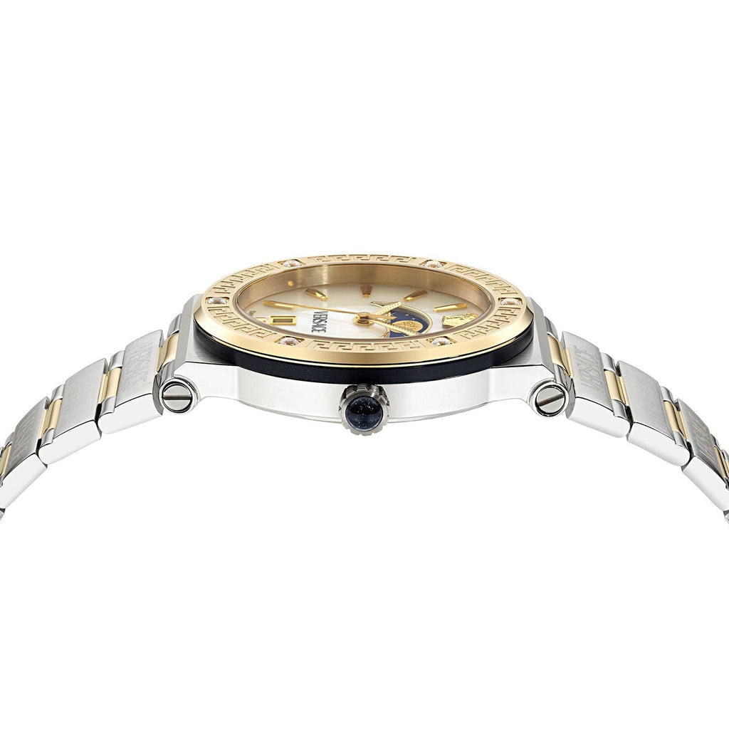Versace Greca Logo Moonphase Mother of Pearl Dial Two Tone Steel Strap Watch for Women - VE7G00524 Buy Now By Versace