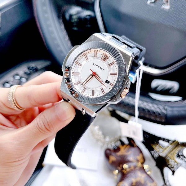 Versace Chain Reaction Quartz White Dial Black Rubber Strap Watch for Men - VEDY00219 Buy Now By Versace