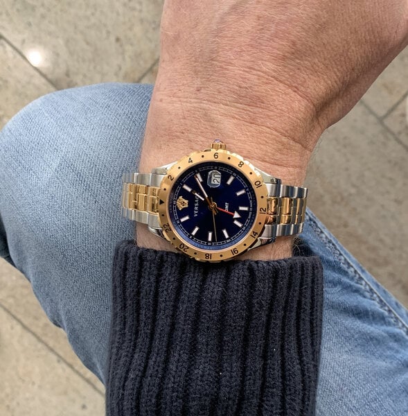Versace Hellenyium GMT Blue Dial Two Tone Steel Strap Watch for Men - V11060017 Buy Now By Versace