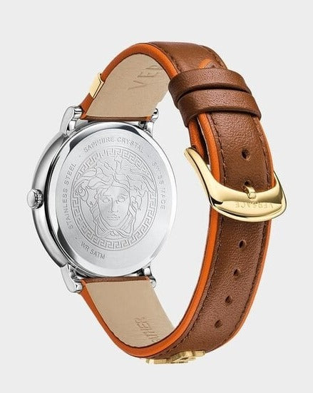 Versace V Circle Quartz Silver Dial Brown Leather Strap Watch For Women - VBP04017 Buy Now By Versace